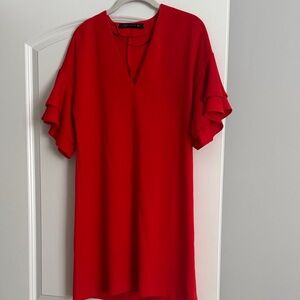 Zara Red V-Neck Mini Dress with Ruffle Short Sleeves